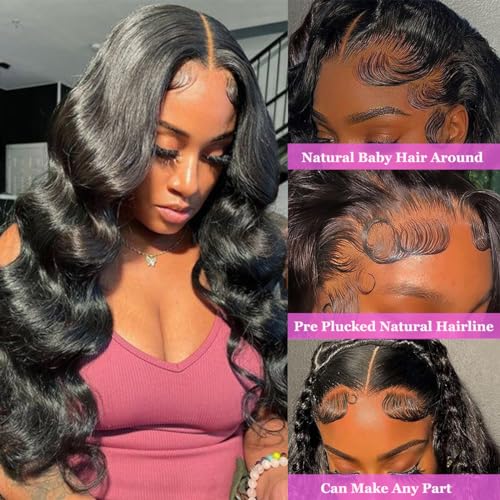 CITY GIRL 34 Inch Body Wave Lace Front Wigs Human Hair Pre Plucked 13x4 hd Transparent Lace Frontal Body Wave Human Hair Wig for Women 200 Density Natural Black