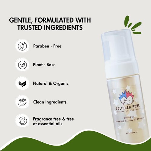 Polished Punk Natural and Organic Foaming Face Wash for Kids and Tweens, Soap and Fragrance Free Tear-Free Cleanser for Sensitive Skin with Botanical Extracts, Aloe, and Glycerin, 4 oz