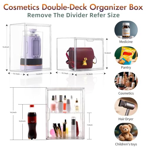 2Pack Makeup Organizer Storage, Large Capactiy Acrylic Bathroom Organizer, Clear Cosmetics Organizer Bins with Division Board for Vanity, Skincare, Countertop Storage and Display Case