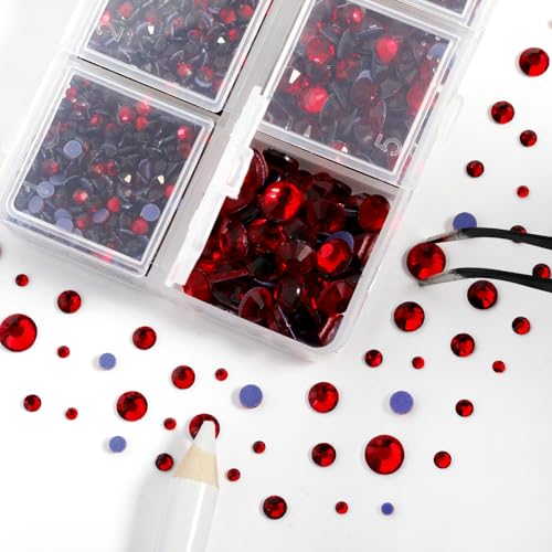 Hotfix Rhinestones 3960pcs, Red Rhinestone for Clothes, Hot Fix Crystals Rhinestones with Tweezers and Wax Pencil Kit,Mixed 5 Sizes, SS6-SS30, Siam