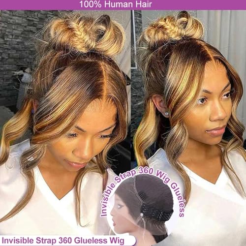 Ombre Honey Blonde 360 Lace Front Wigs Human Hair Drawstring Highlight Body Wave Lace Front Wigs Human Hair Pre Plucked 360 HD Full Lace Wig 180 Density Frontal Glueless Wigs for Women 28 Inch