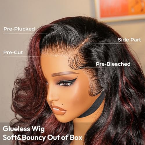 Ali Pearl Body Wave Lace Front Wigs Layered Cut Curtain Bangs Side Part 13x4 Body Wave Human Hair Highlights 1B/99J Burgundy Pre Plucked Glueless Wigs with Baby Hair 18 Inch