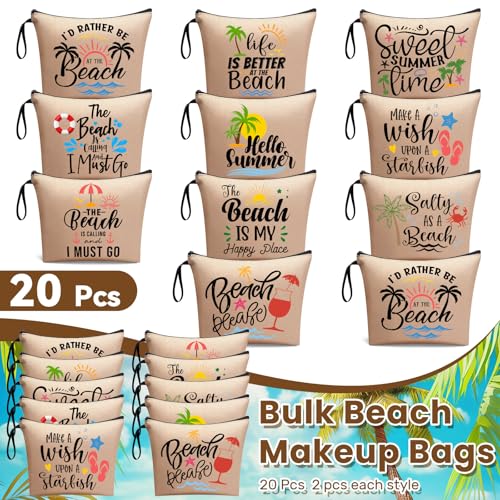 20 Pcs Bulk Beach Makeup Bags - Summer Beach Accessories Toiletry Cosmetic Pouch Zipper Bags, Cruise Travel Essentials Survival Kit Gifts Party Favors for Women Teens Clients Friends