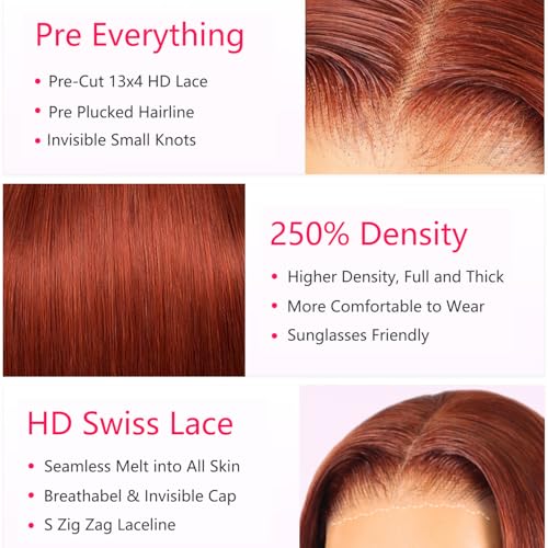 13x4 Straight Reddish Brown Lace Front Wigs Human Hair Glueless Wigs Human Hair Pre Plucked Pre Cut 250% Density Glueless Wig Human Hair Lace Front Wigs for Women 22 Inch