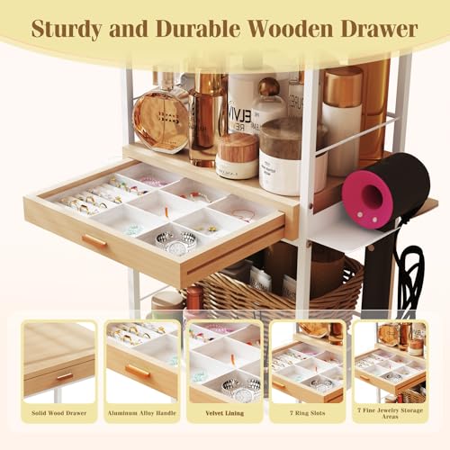 Makeup Organizer Cart with Wooden Drawer, 2-in-1 Floor Skincare Organizers with Jewelry Storage, 16.5'' L x 11.8'' W x 34.2'' H Large Make Up Organizers Vanity Organizer for Skin Care Hair Tool