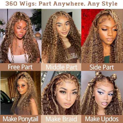 Honey Blonde 360 Lace Front Wigs Human Hair Pre Plucked 180% Density, Deep Wave Highlight Curly Brown Full 360 HD Lace Frontal Wigs, 4/27 Colored 12A Soft Shinny Thick Brazilian Hair 18 IN