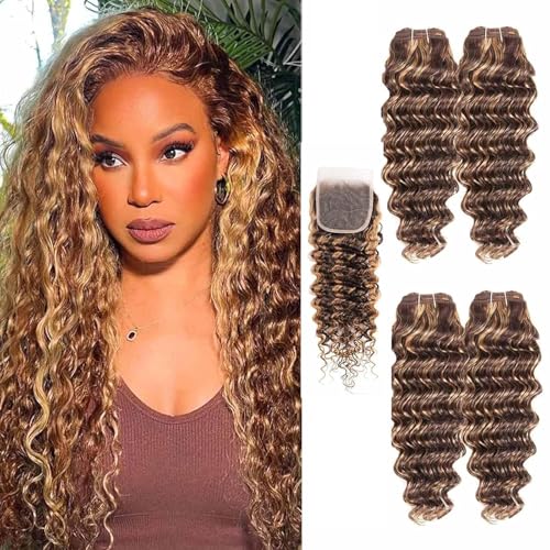 Highlight Bundles Human Hair with Closure (16 18 20 22+16inch) 10a Brazilian Deep Wave Human Hair 4 Bundles with 4x4 Closure 4/27 Color Ombre Brown Blonde