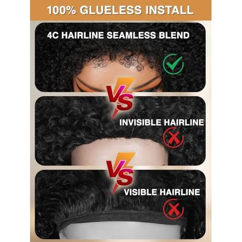Kinky Curly Half Wig Human Hair Upgrade 4C Edge Hairline 200% Density Wear Go Glueless 3 In 1 Drawstring Seamless Flip Over Wig for Women Daily Wear Headband Wig Beginner Friendly (18 inch)