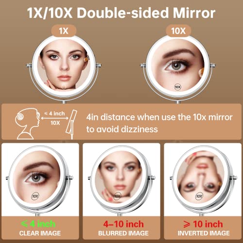 Gospire 7" Lighted Makeup Mirror with Magnification 10X/1X, Rechargeable Cordless Stepless Dimming LED Lights, 360¡Æ Swivel Magnifying Cosmetic Vanity Standing Mirror for Dresser, Bathroom