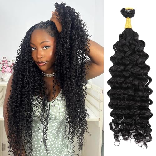 Spanish Curly Feather Crochet Boho Hair For Braiding Pre-Separated Water Wave Human Hair Long Cord Pre-Looped Reusable Feather Crochet Hair Extensions 14Inch 100g 120Strands