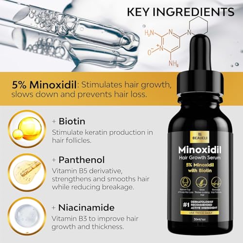 5% Minoxidil Hair Growth for Men and Women: Extra Strength Minoxidil Beard Regrowth Treatment Serum with Biotin for Thinning Hair Loss to Grow Thicker Fuller 30ml 2 Bottles