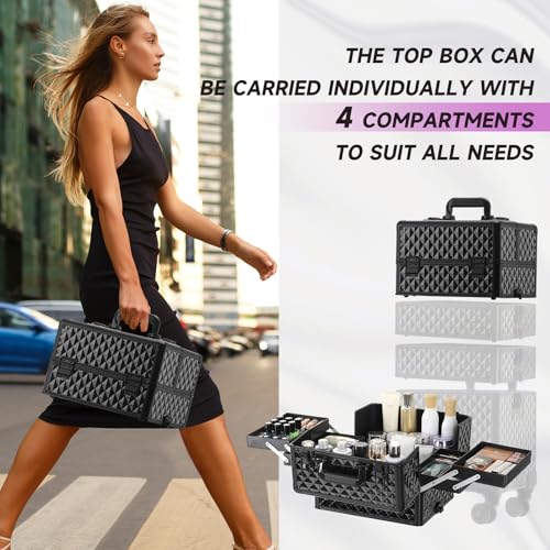 Leeora&Leekoo Portable Multi-Storey Nail Case for Nail Tech Organizer - Wheels Makeup Case Organizer, Cosmetic Case, Makeup Train Case, Make Up Case 8036(Black)