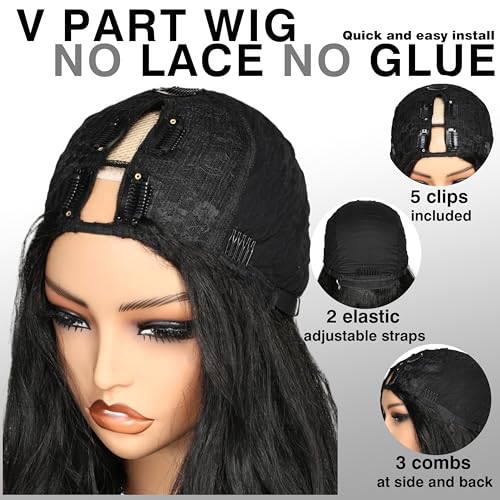 SOKU Long Curly V Part Wig 22 Inch Natural Black Curly Half Wig Upgrade U Part Synthetic Hair Daily Wigs Ready to Wear Glueless for Black Women