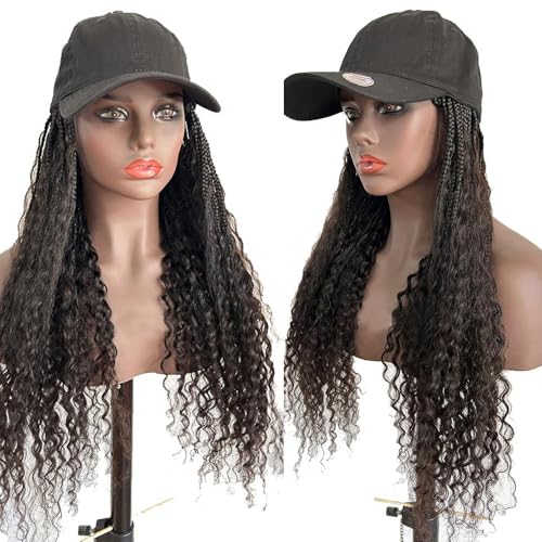 FlowerSeason Human Hair Cap Braided Wigs Human Hair Cap Boho Box Braids Wig with Cap Human Hair Cap Braided Wigs for Black Women Natural Color