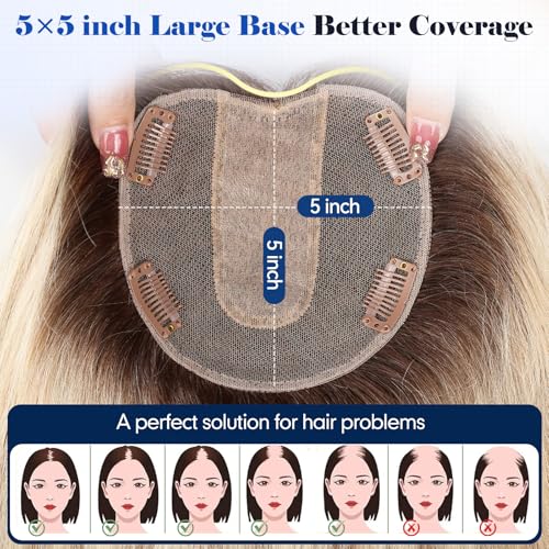 HAIRCUBE Hair Toppers For Women With Thinning 5"*5" Large Base Real Hair Toppers For Women, 14 Inch For Hand-Woven, 60g, Silk, Natural, realistic, Use Daily, Hairloss, Blonde Mixed Brown, No Bangs