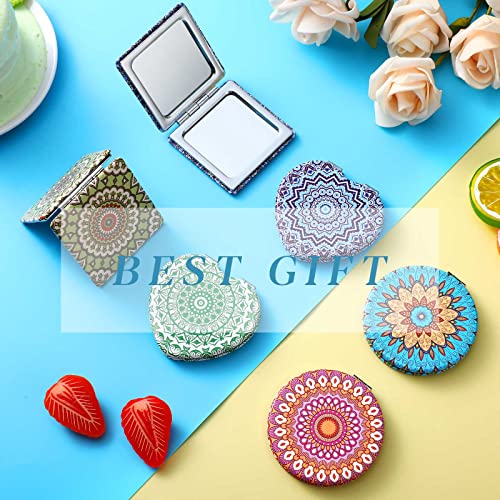 Mandala Design Pocket Mirror Mini Travel Makeup Purse Compact Accessories Beauty Magnifying Double Sides Pocket Mirror Portable Handheld Folding PU Leather Supply for Women(12 Pieces)