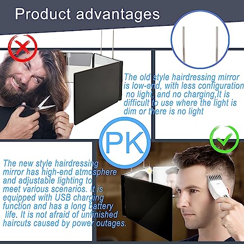 JANMPASK LED 3 Way Mirror Trifold to See Back of Head for Self Hair Cutting Barber Supplies Accessories 360 Makeup Vanity Mirror with Light