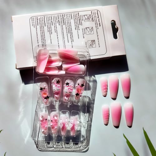 24Pcs Pink Coffin Nails Press on Nails Long Coffin Fake Nail with 3D Heart Pearl Star Charms Design Nail Art Gems Diamond Pink Acrylic Nail Art Supply Full Cover Stick on Nails Art for Women
