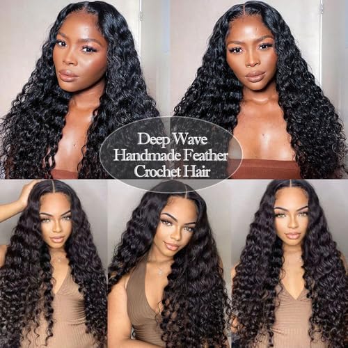 Deep Wave Curly Crochet Hair Extensions Knotless Pre-Separated Feather Crochet Real Human Hair for Women Reusable Micro Twists with String Fullness Curly Human Hair Extensions 18inch 120g