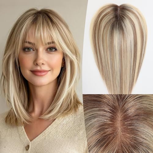 EMMOR 14 Inch Human Hair Topper for Women - 5" ¡¿ 6" Upgrade Swiss Lace Base with 3 Non-Slip Clips, 100% Real Hair Toppers for Thinning Hair & Natural Looking-Straight Bang(#005)