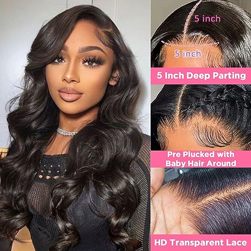 5x5 HD Lace Closure Wigs Human Hair Body Wave Lace Front Wigs for Black Women 100% Virgin Human Hair Pre Plucked with Baby Hair 180% Density Glueless Wigs Natural Black Color 24Inch