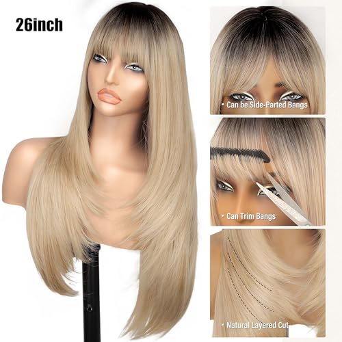 Nnzes Ombre Blonde 26-inch Long Wig with Bangs for Women - Straight Layered Style, Realistic Scalp, Freestyle Parting, Natural-Looking & Heat-Resistant Synthetic Hair for Daily and Party Use