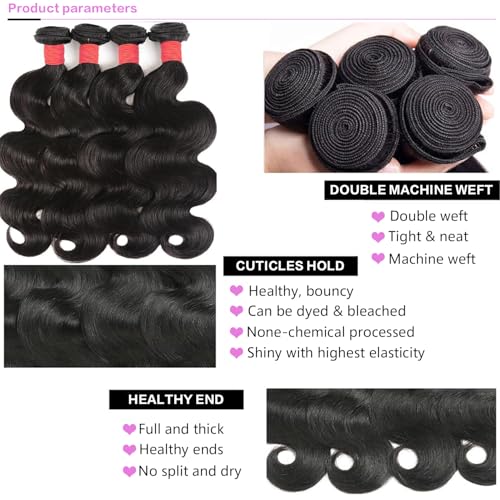 12A Human Hair Bundles with Closure 18 20 22 24+16 Inch Body Wave 4 Bundles Human Hair with 5x5 HD Lace Closure Brazilian Unprocessed Virgin Natural Black