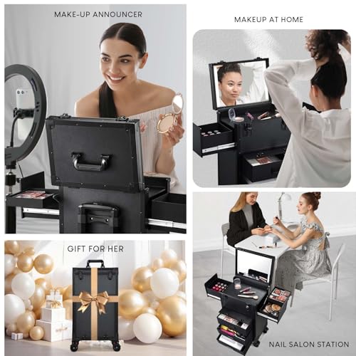 Rolling Makeup Case with lighted mirror, Cosmetology Case on Wheels with LED Mirror, Professional Salon Trolley Cart with Drawer,Travel Makeup Lockable Beauty Organizer with Live Stream Light