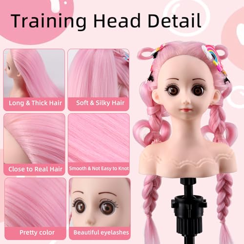Anstar Hair Styling Doll Head for Girls Styling Head for Kids Mannequin Head with Pink Hair Doll Head for Hair Styling Braiding Cosmetology Manikin Head with Clamp Holder and Tools
