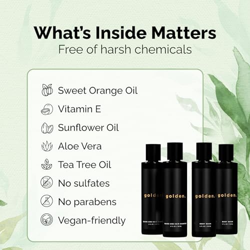Golden Grooming Co. 3-in-1 Men's Body Wash - Hair & Beard Shampoo - Cleanses, Hydrates, Softens - Body Wash for All Skin Types - Refreshing Scent - Shower Double Pack | Pack of 4