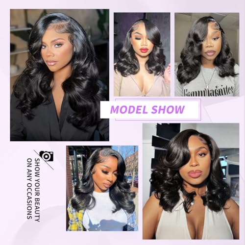 Tinashe Human Hair Wig Glueless Wigs Human Hair Pre Plucked Pre Cut Bob Wear And Go Loose Body Wave Layered Cut 6x5 HD Lace Front Wigs for Black Women Side Part Curtain Bangs Natural Black Wigs 18inch