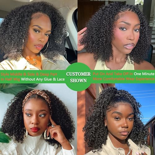 ZIYU Half Wig Human Hair - 200% Density Curly Half Wig 3 In 1 Wear Go Glueless Wigs 16 Inch Drawstring Seamless Kinky Curly Flip Over Headband Wig Human Hair Beginner Friendly