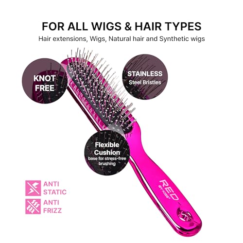 RED by Kiss Anti-Static & Anti-Frizz Wig Brush with Stainless Steel Knot-Free Bristles for Easy Detangling, Smooth Hair & Wigs Without Breakage or Snagging (Mini)