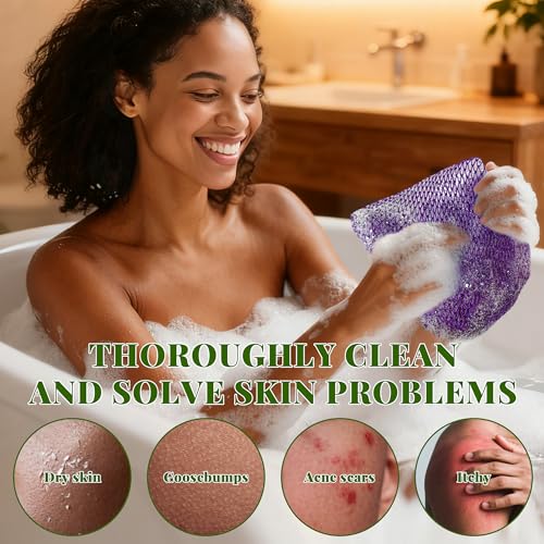 African Net Sponge Authentic, 3 Pieces Exfoliating Scrubber Bath Sponge for All Skin Types, Back Scrubber Loofah Washcloth for Shower, Gentle Exfoliation, Gift 1 Travel Bag (Purple, Pink, Dark Green)