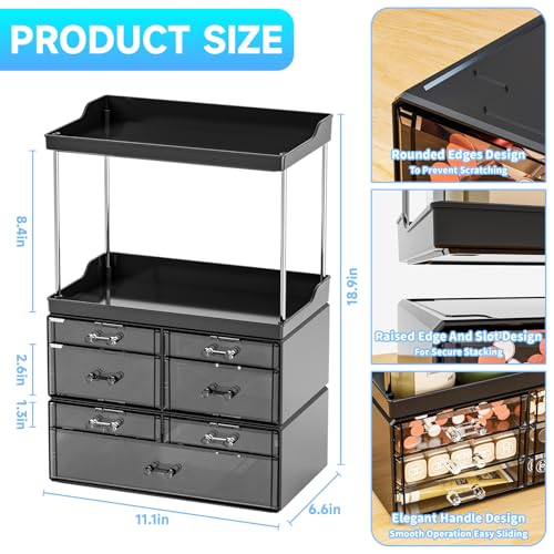 3 Pack Bathroom Organizers and Storage Countertop With 7 Drawers,Stackable Vanity Drawer Organizer for Makeup,18.9" Tall Large Capacity Skincare Organizer and Exquisite Makeup Organizer,Black