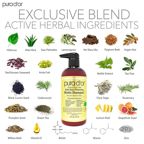 PURA D'OR Original Gold Label Anti-Thinning Shampoo Clinically Tested, Infused with Argan Oil, Biotin & Natural Ingredients, Sulfate Free, All Hair Types, Men and Women, 16 Fl Oz (Packaging may vary)