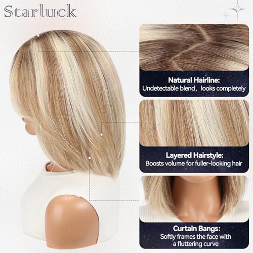 starluck Human Hair Wigs for Women, Curtain Bangs Ombre Light Blonde Mixed Light Brown Bob Real Wig Human Hair with SilkHug Cap, 12 Inch Graduated Straight, Soft, Natural Look for Daily & Wear Parties
