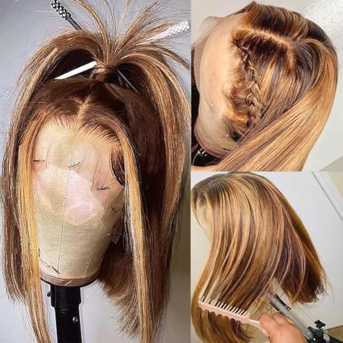 Highlight Bob Wig Human Hair P4/27 Color 13x4 HD Lace Front Wigs Human Hair Pre Plucked Hairline for Women Blonde Highlight Bob Wigs 180% Density 12 Inch