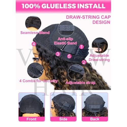 V SHOW Wear Go Glueless Half Wig Human Hair 1B/30 Highlight Water Wave Bod Wigs 3 In 1 Curly Half Wigs 180% Density Drawstring Seamless Fit Strap Flip Over Headband Wig 14 Inch Beginner Friendly