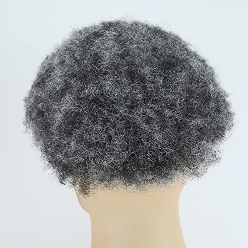 ZigZag Hair Afro Toupee for Black Men 1B Mix 50% Grey Fluffy Explosion Tight Afro Curly Mens Toupee Human Hair Short Hair Mono with PU Men's Wig 8x10inch Mens Hair Systems Hairpiece (1B Mix 50% Grey)