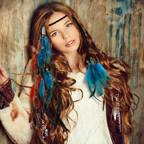 Geyoga 6 Pcs Feather Headband Feather Hair Clip Set Boho Hair Extensions with Clip Comb Hippie Headpiece (Multicolor)