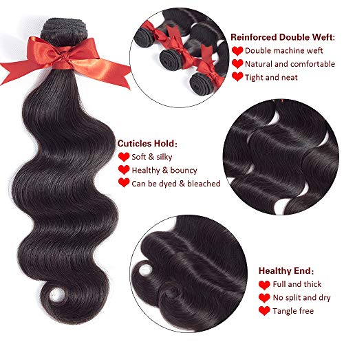 Hair 8A Unprocessed Brazilian Body Wave Bundles with Closure (20 22 24+18closure,Natural Black) Virgin Brazilian Hair Bundles Weave with Lace Closure Free Part