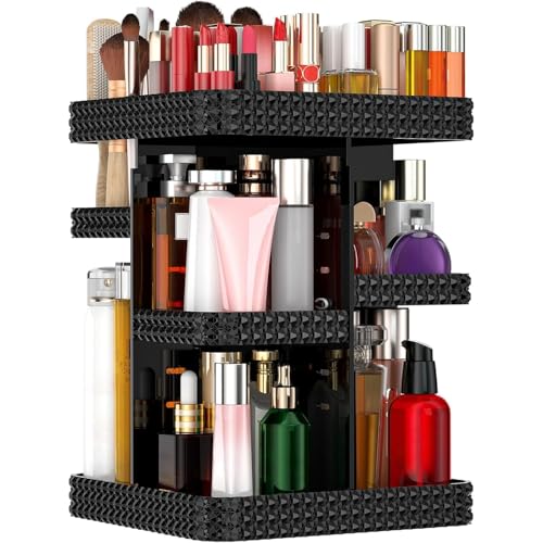 360 Rotating Makeup Organizer - Black Acrylic Makeup Storage for Vanity, Cosmetic Organizer with Lotion and Perfume Holder for Dresser