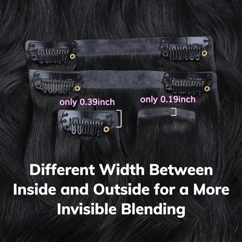 IDN BEAUTY Seamless Clip In Hair Extensions Human Hair, Body Wave 14 Inch 110g 7pcs Natural Black Real Virgin Human Hair Seamless Clip Ins For Black Women PU Weft Invisible Edge
