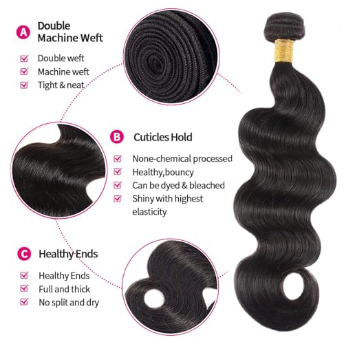 Body Wave Bundles Human Hair 16 18 20 Inch Human Hair 3 Bundles 100% Unprocessed Brazilian Raw Weave Bundle Human Hair Extensions for Black Women Natural Color