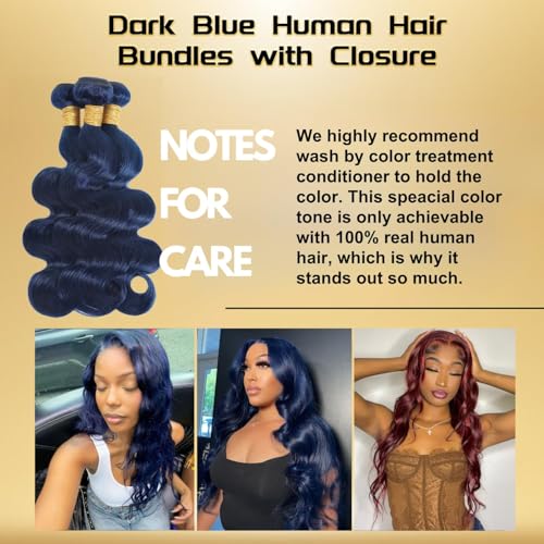 Dark Blue Body Wave 4x4 HD Transparent Lace Closure with Bundles, 12A 100% Brazilian Virgin Hair, Soft Glossy Thick, Perfect for Quick Weave Sew-In Styles 16 18 20 Inch + 4x4 Closure 16 Inch