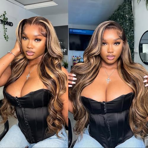 SIFULAN Highlight Ombre 13x4 Lace Front Wig Human Hair 180% Density 4/27 Highlight Wigs Human Hair 32 inch Glueless Wig Honey Blonde Body Wave HD Transparent Lace Front Wig Highlight Colored Wigs