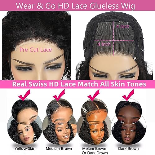 Wear And Go Glueless Wigs Human Hair Pre Plucked Pre Cut Lace Deep Curly Human Hair Wigs For Black Women 4x4 Closure Wigs Human Hair Reay To Wear Glueless Wig For Beginners 150% Density (28inch)
