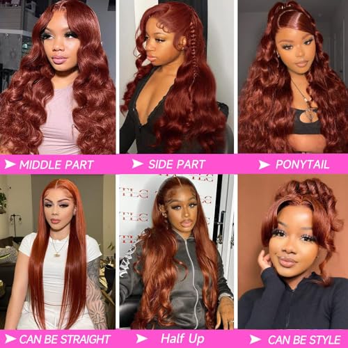 28 Inch Reddish Brown Body Wave Lace Front Wigs - Human Hair, 180% Density, Pre-Plucked with Baby Hair, Glueless Frontal Wigs - Auburn Copper Red Colored Wigs for Women
