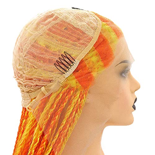xiweiya 13x3 Lace Yellow Mixed Orange 28" Afro Twist Wig Micro Box Braids Natural Crochet Hair with Heat Resistant Fiber Mermaid Colorful Synthetic Lace Front Wig Middle Cap Size for Women